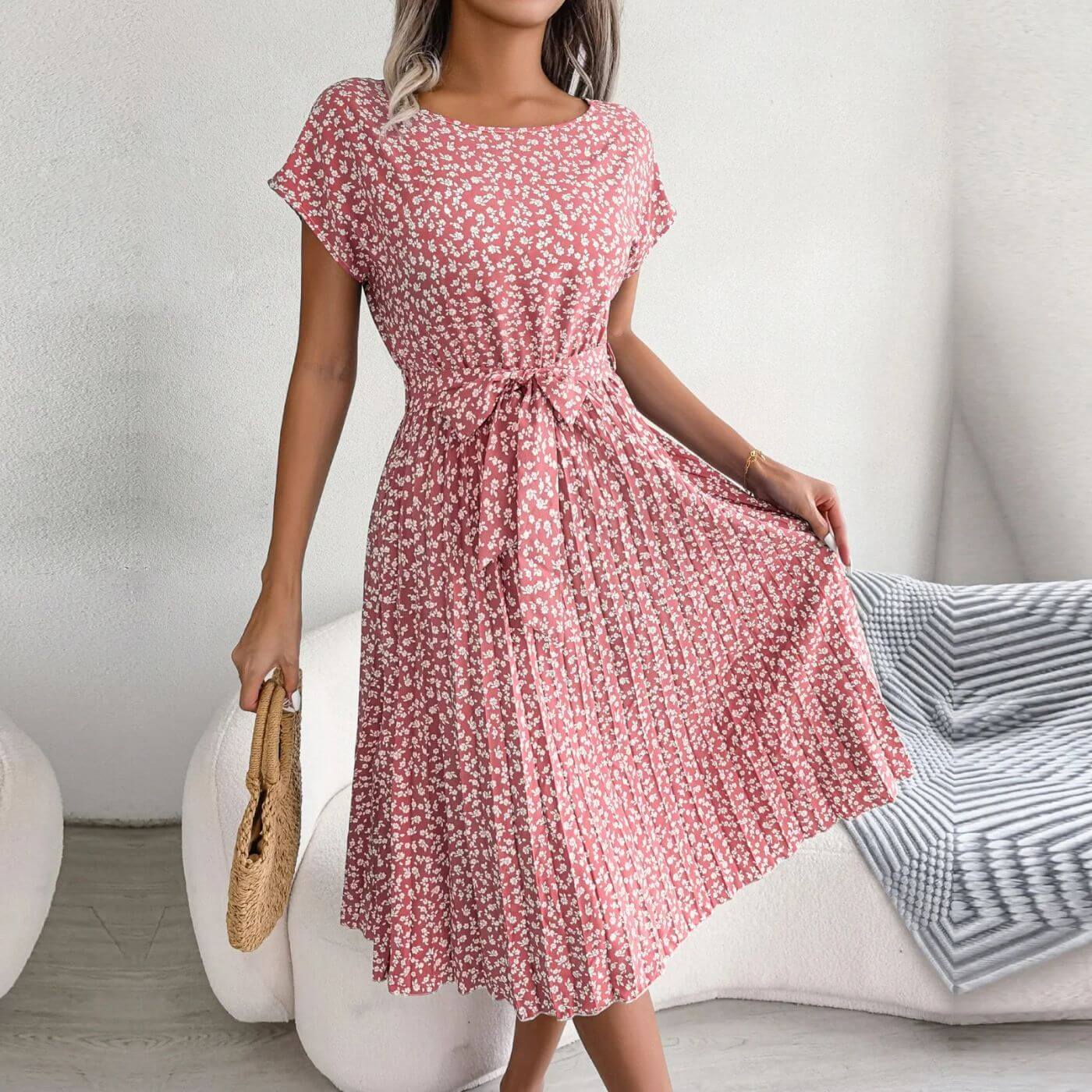 Women Floral Summer Midi Dress - Short Sleeve Belted Pleated Dress