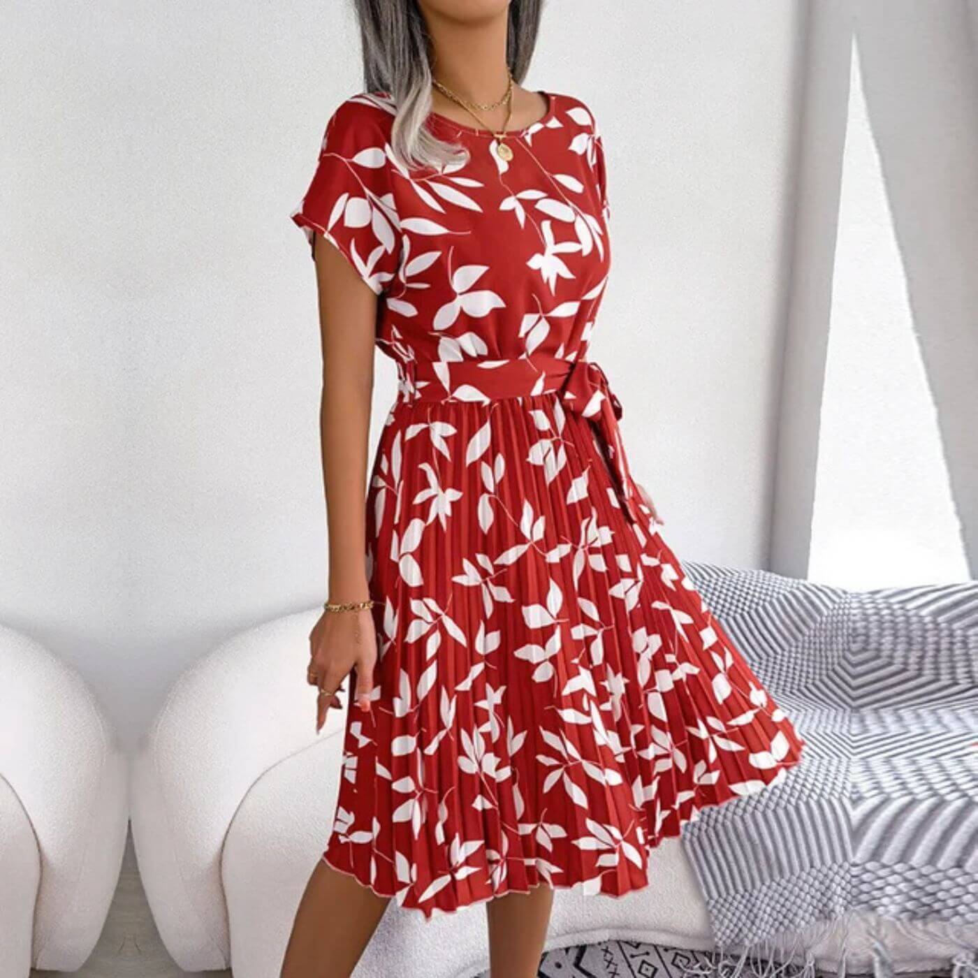 Women Floral Summer Midi Dress - Short Sleeve Belted Pleated Dress