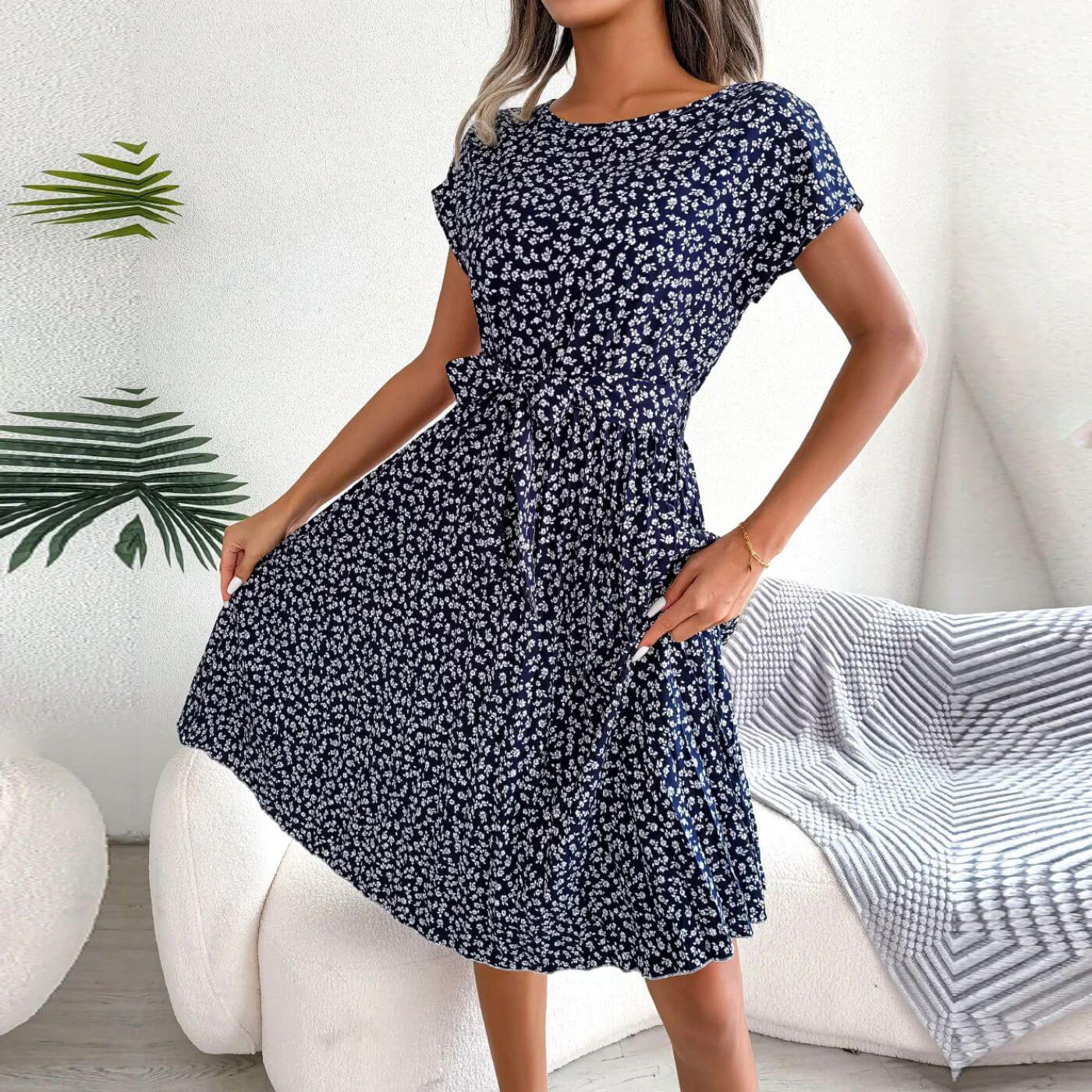 Women Floral Summer Midi Dress - Short Sleeve Belted Pleated Dress