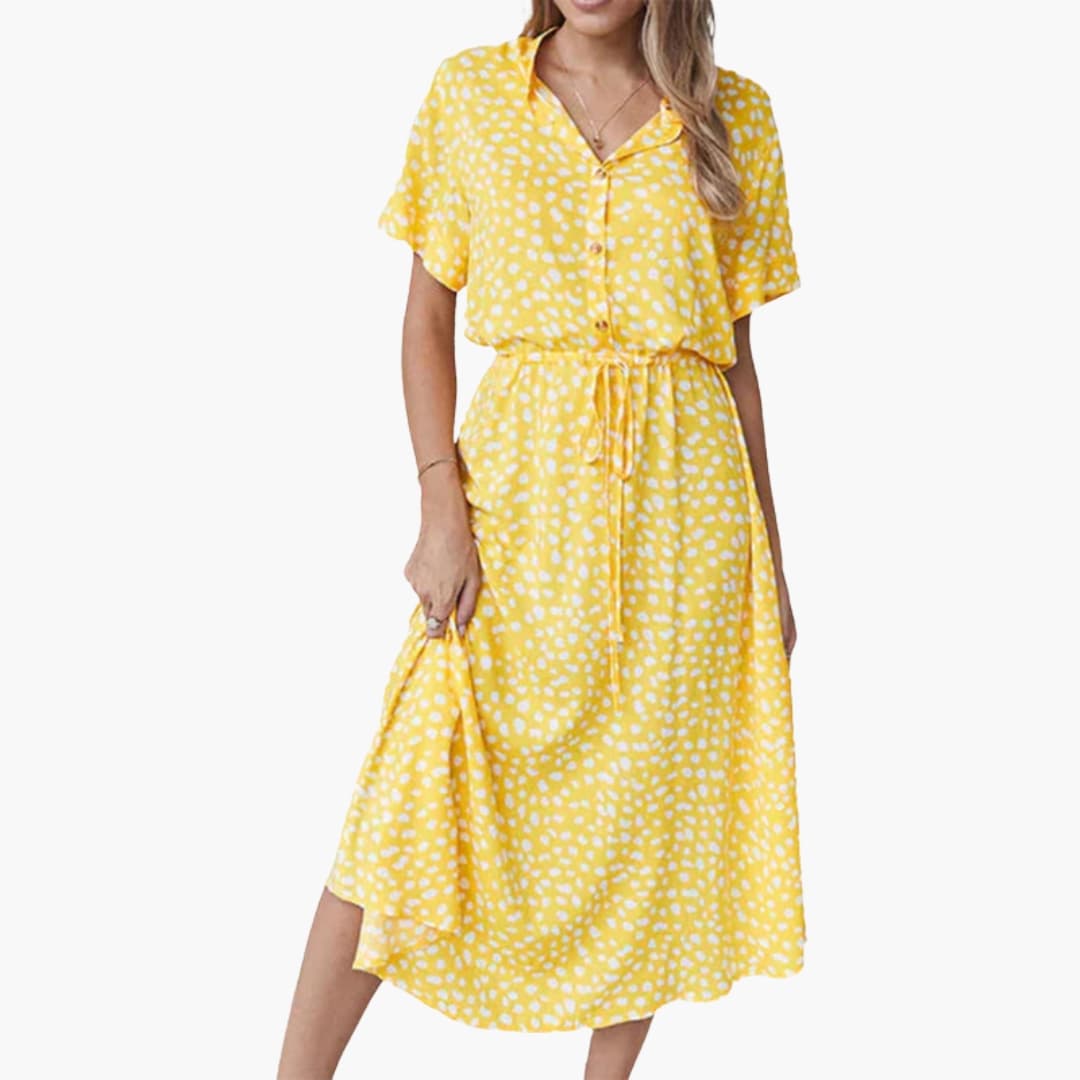 Women's Midi Dress with Button Front and Drawstring Waist