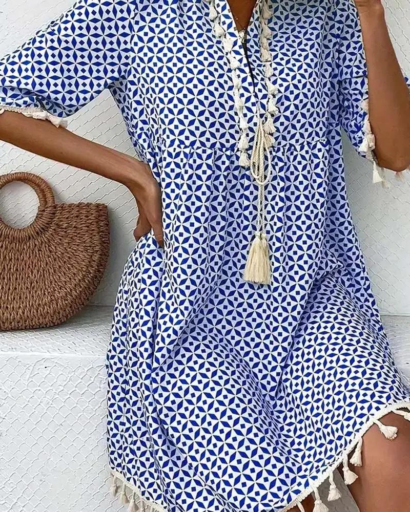 Boho Geometric Print Mini Tunic Dress – Casual