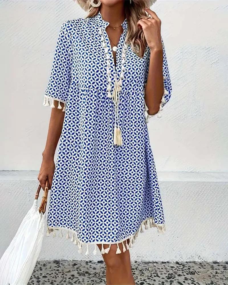 Boho Geometric Print Mini Tunic Dress – Casual