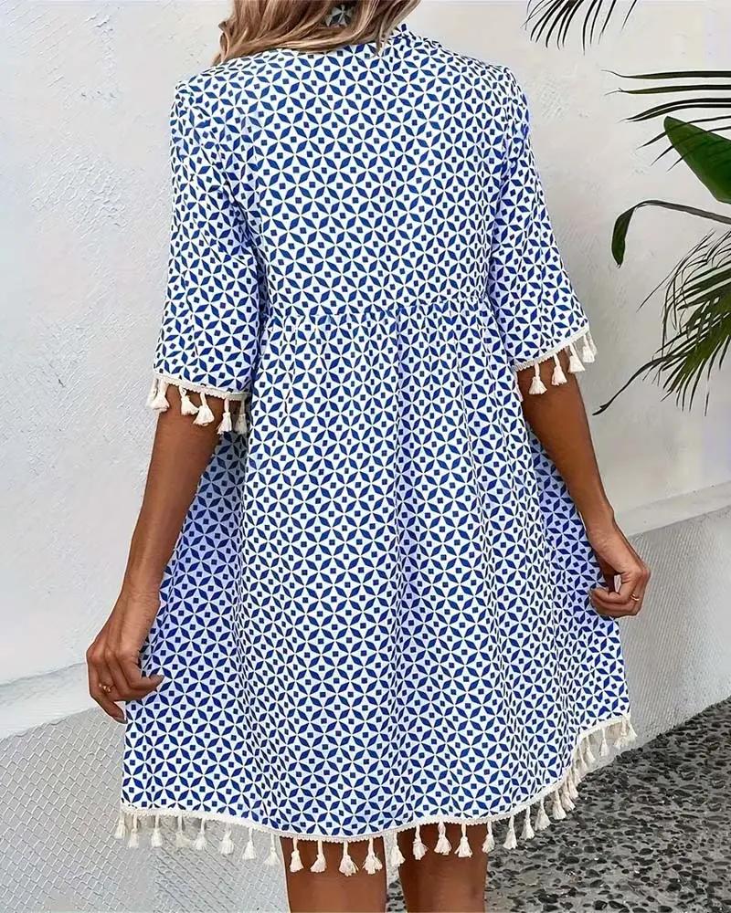 Boho Geometric Print Mini Tunic Dress – Casual