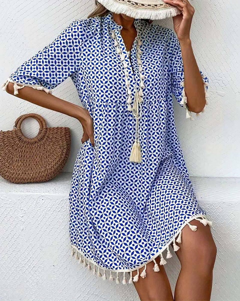 Boho Geometric Print Mini Tunic Dress – Casual
