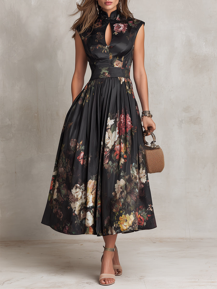Abito Midi in Satin Pieghettato con Collare a Fessura Nero