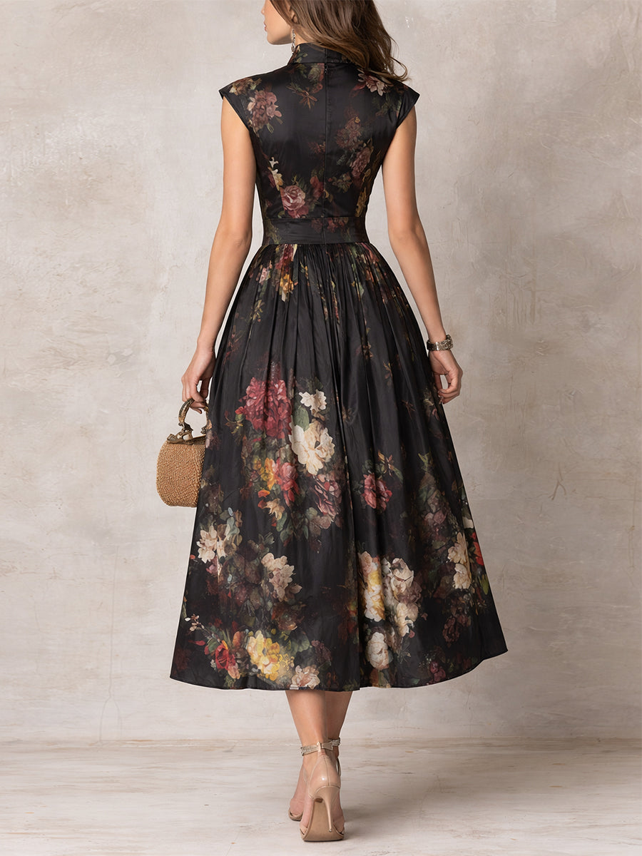 Abito Midi in Satin Pieghettato con Collare a Fessura Nero