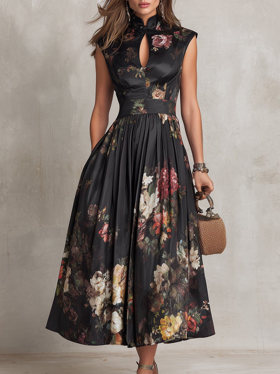 Abito Midi in Satin Pieghettato con Collare a Fessura Nero