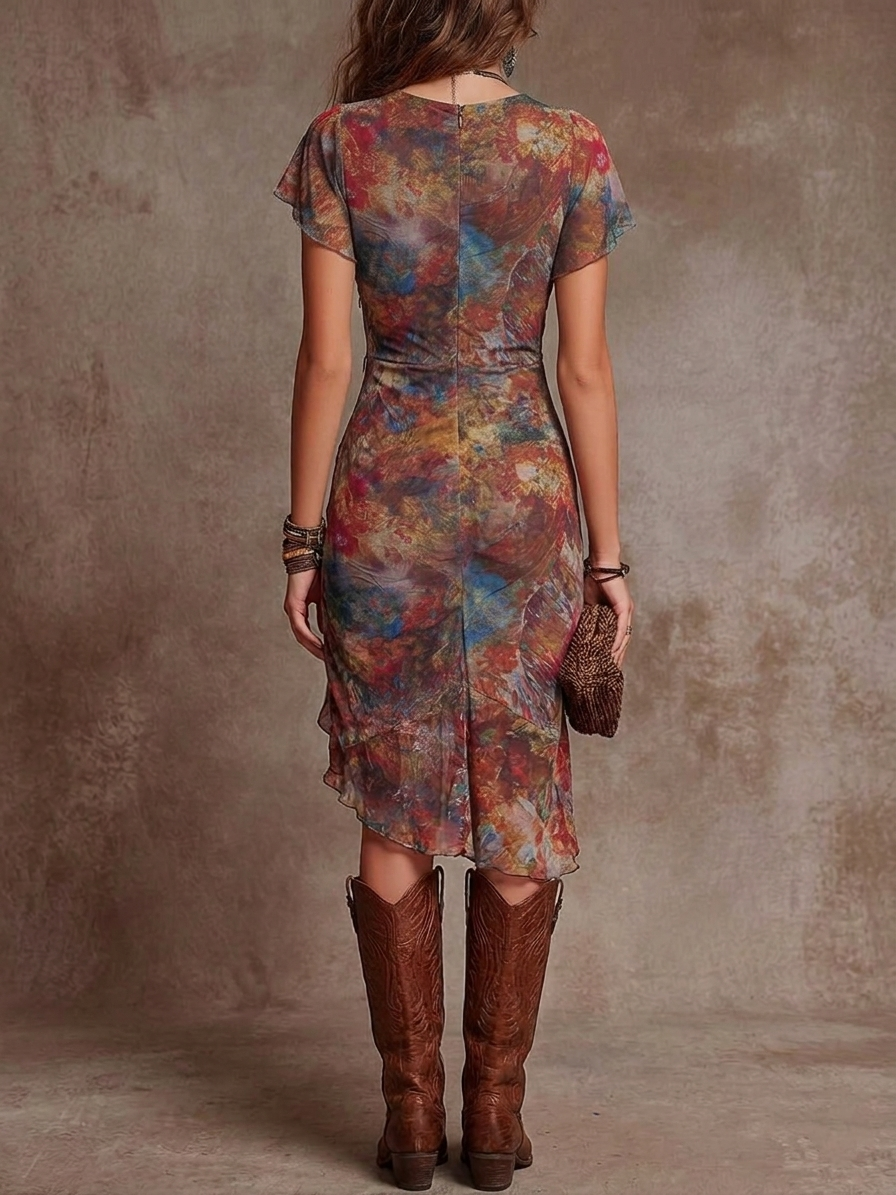 Abito Midi Plissettato con Scollo a V e Stampa Astratta Bohemien