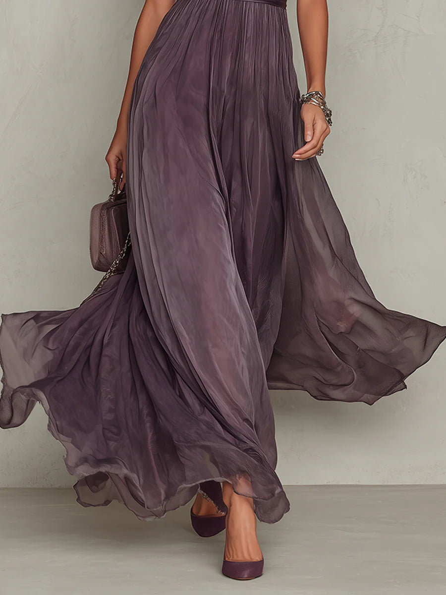 Abito Maxi in Chiffon con Collo a Chiave e Bordo in Pizzo Viola