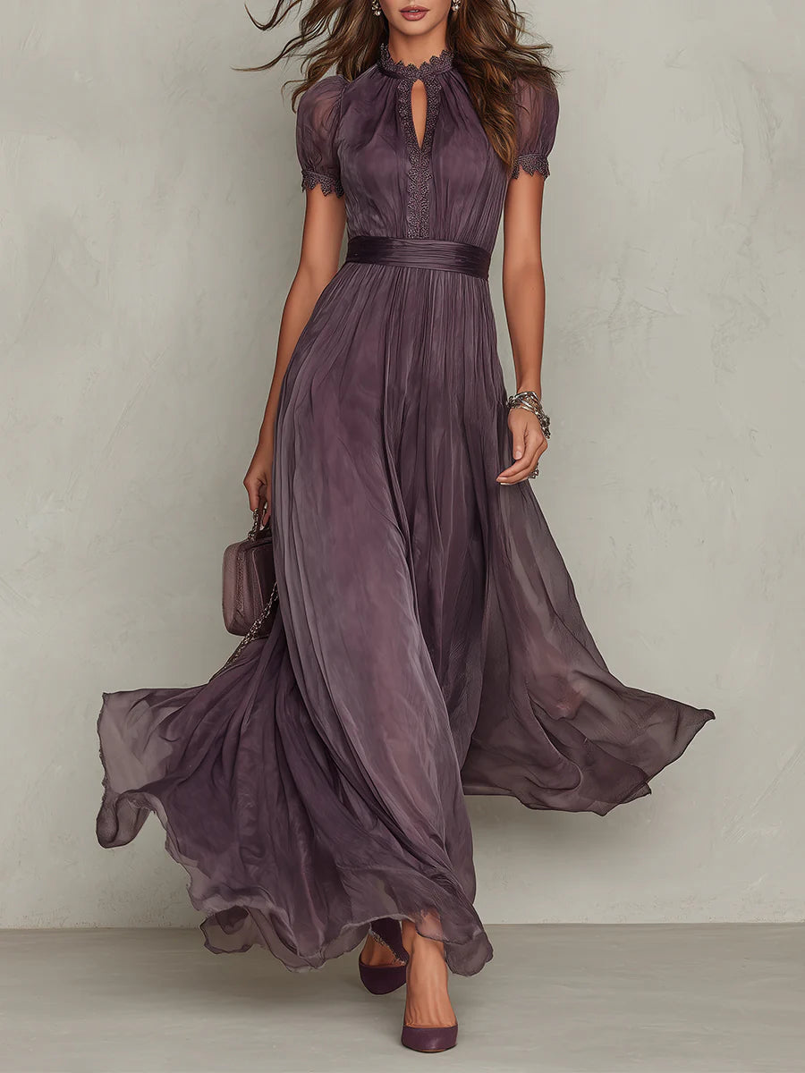 Abito Maxi in Chiffon con Collo a Chiave e Bordo in Pizzo Viola