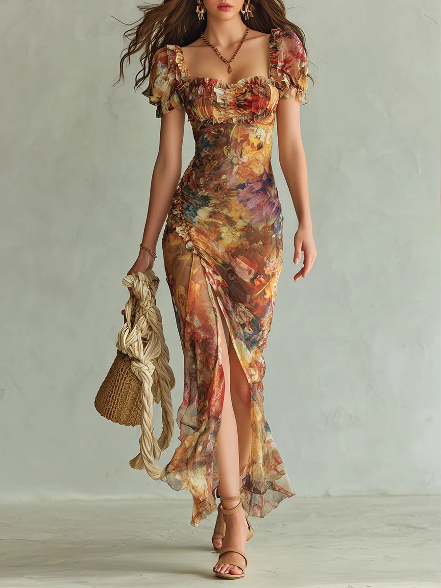 Stampa di un Dipinto a Olio Bohemien Arancione Vestito Maxi in Chiffon