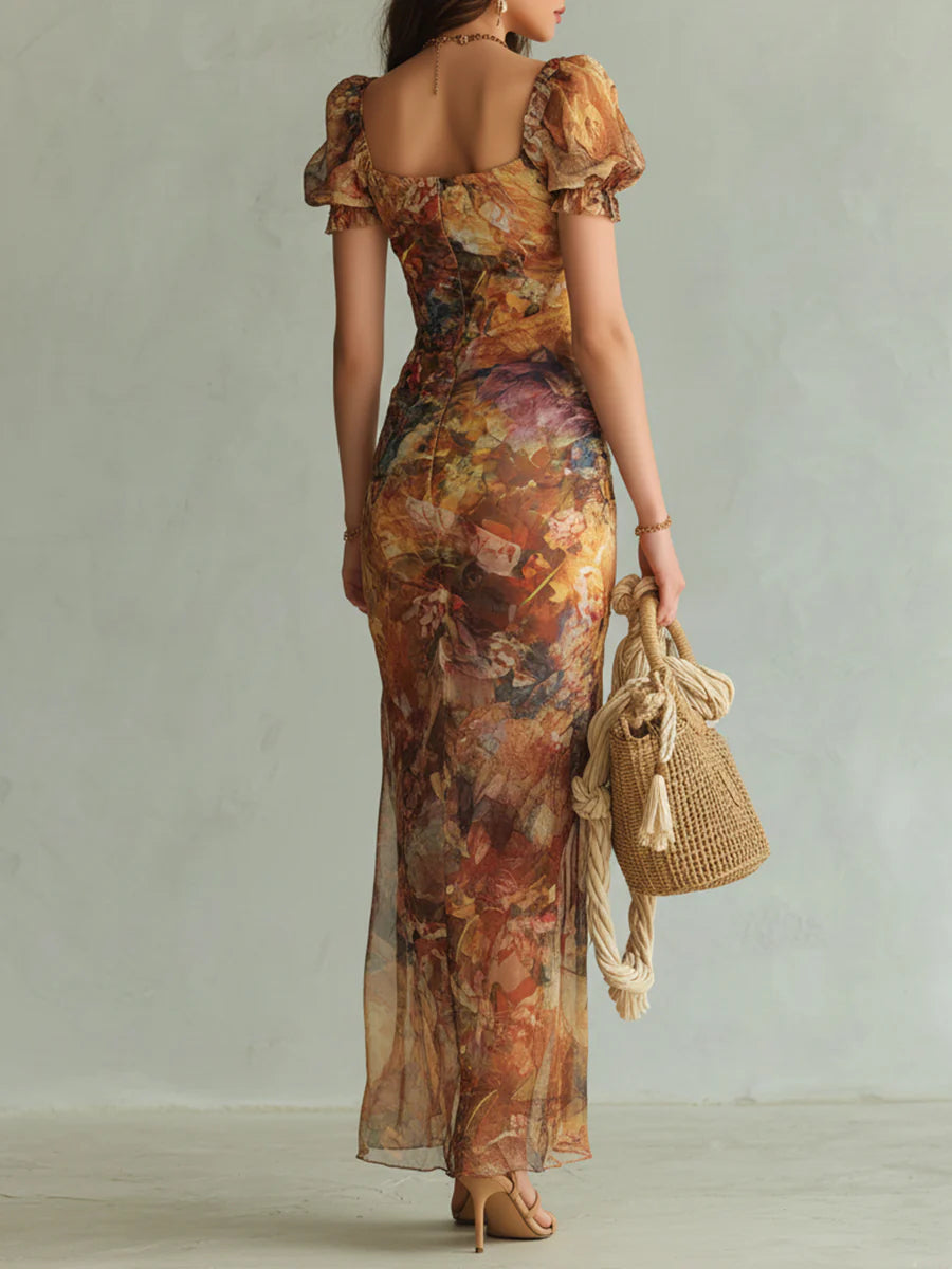 Stampa di un Dipinto a Olio Bohemien Arancione Vestito Maxi in Chiffon