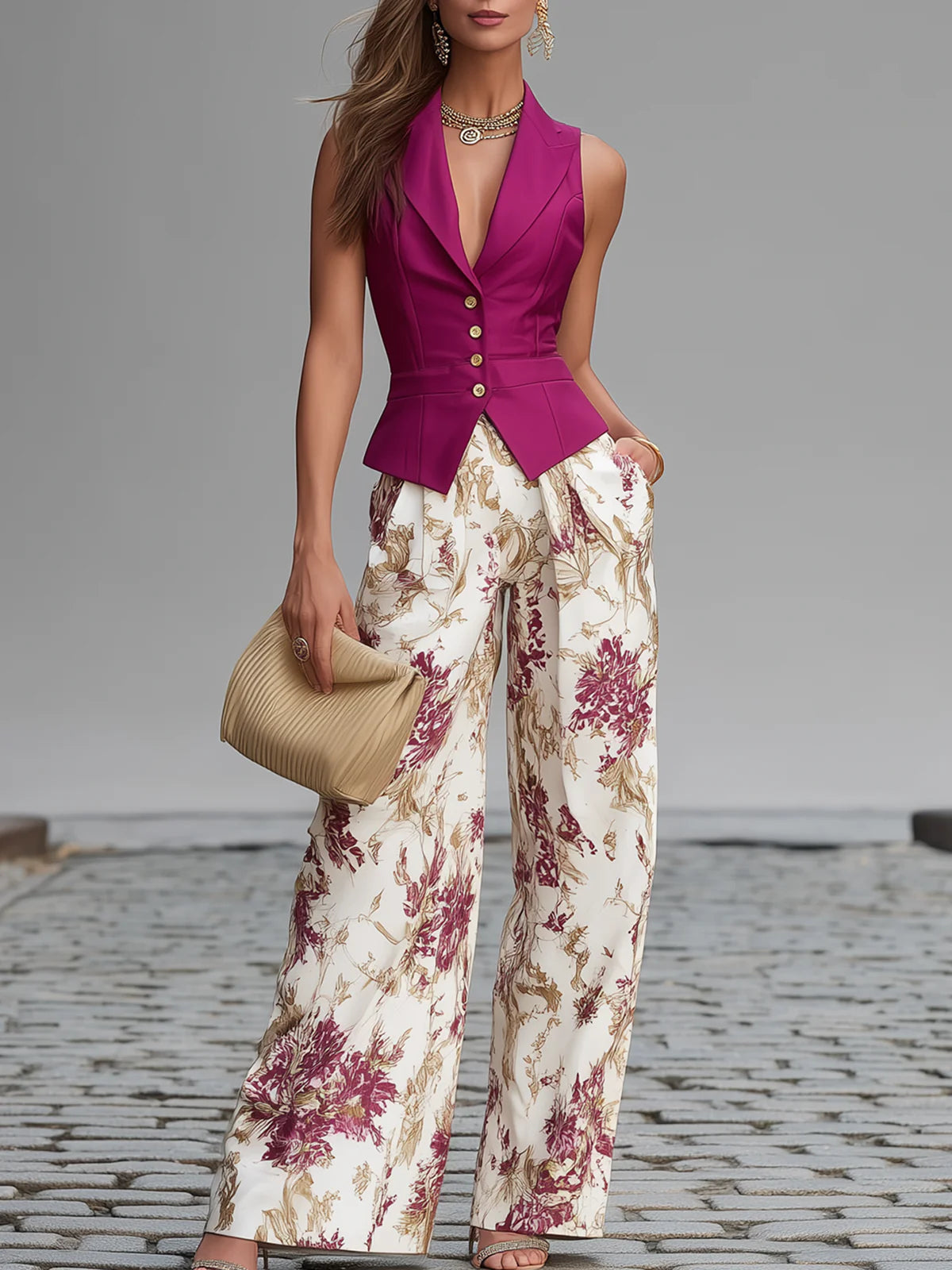 Set di Gilet Senza Maniche Rosa e Pantaloni a Gamba Larga con Stampa Floreale