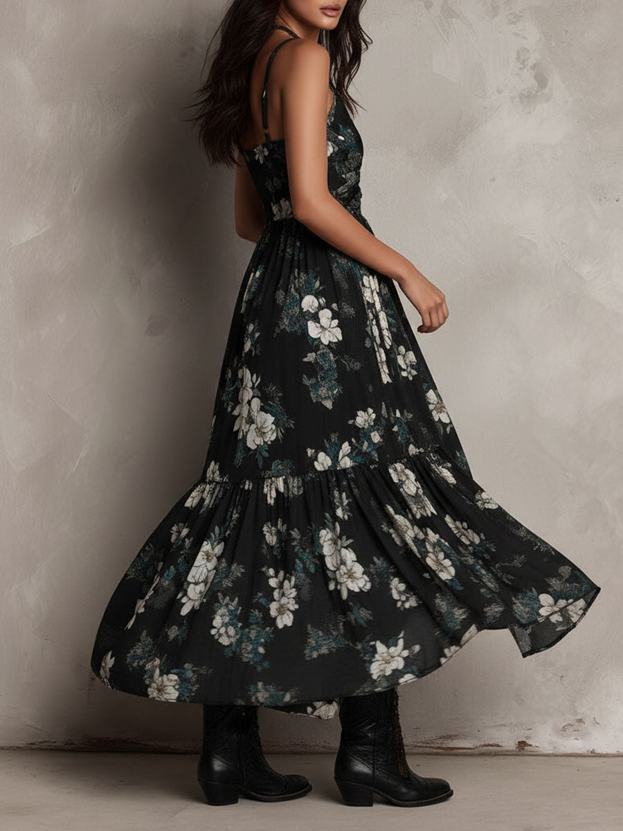 Abito Maxi Senza Spalline a Stampa Floreale Bohemien Nero