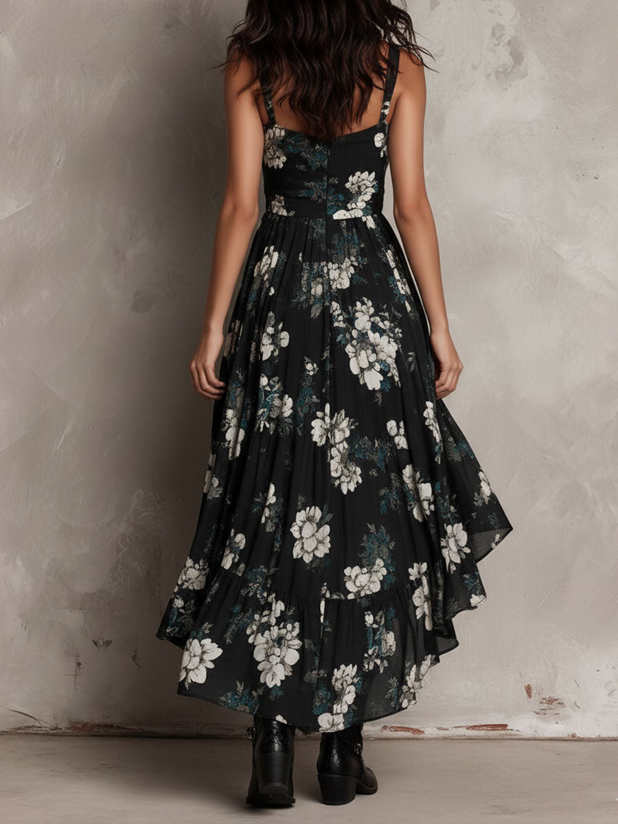 Abito Maxi Senza Spalline a Stampa Floreale Bohemien Nero