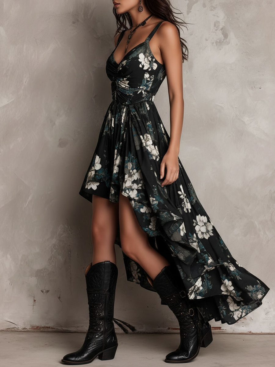 Abito Maxi Senza Spalline a Stampa Floreale Bohemien Nero