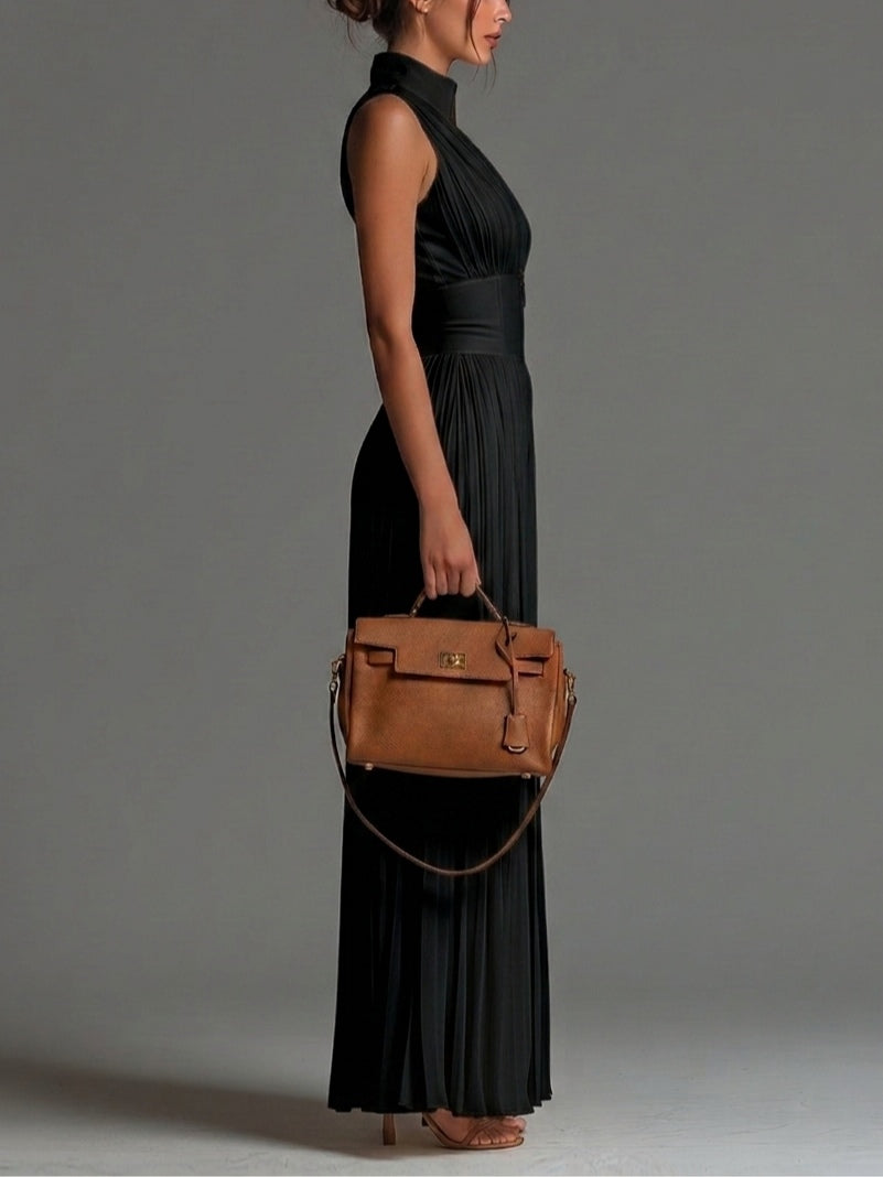 Tuta in Chiffon Nera Senza Maniche con Zip e Pieghe a Gamba Larga