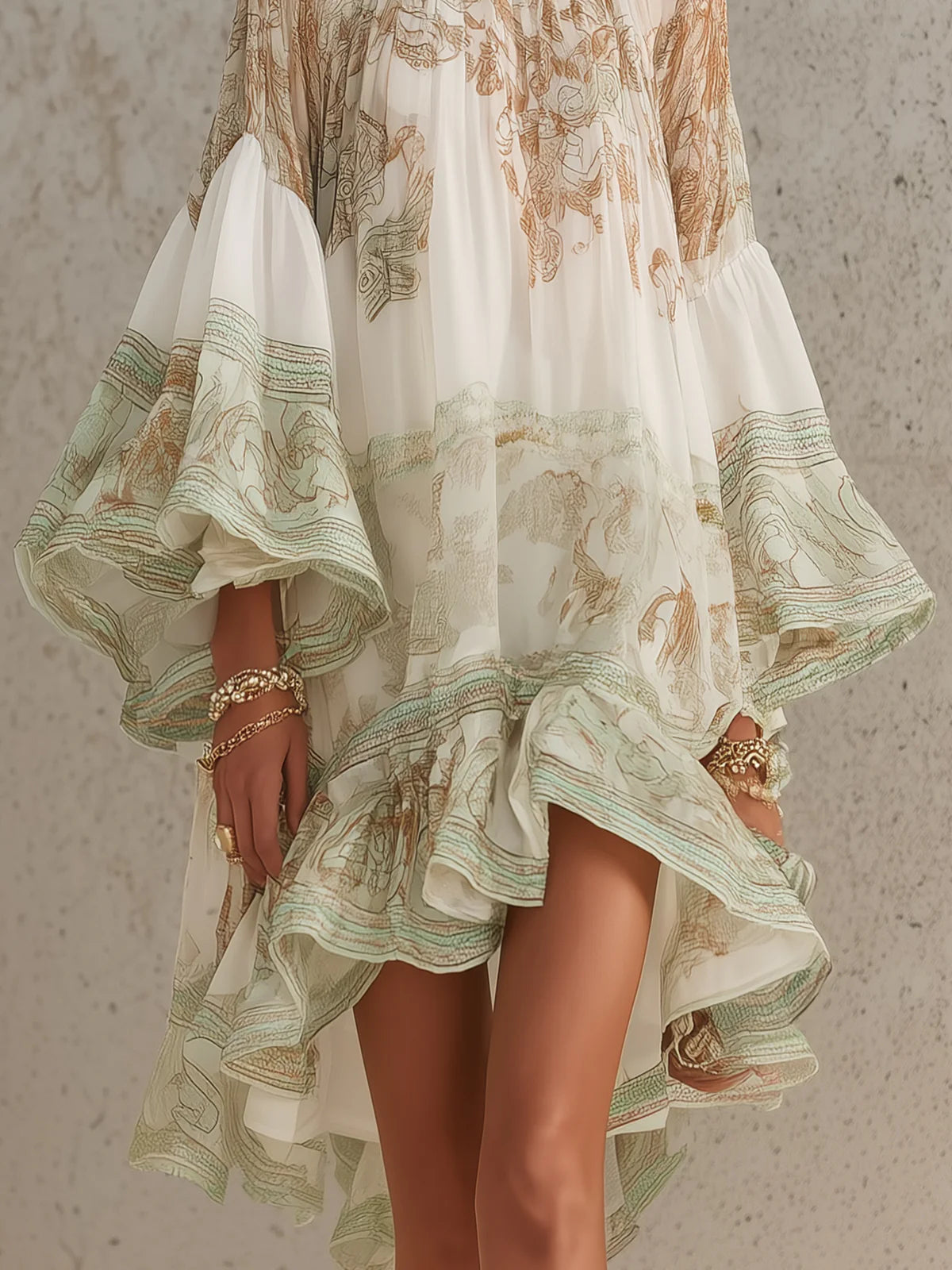 Abito Mini in Chiffon con Maniche a Volant e Orlo a Righe Verdi