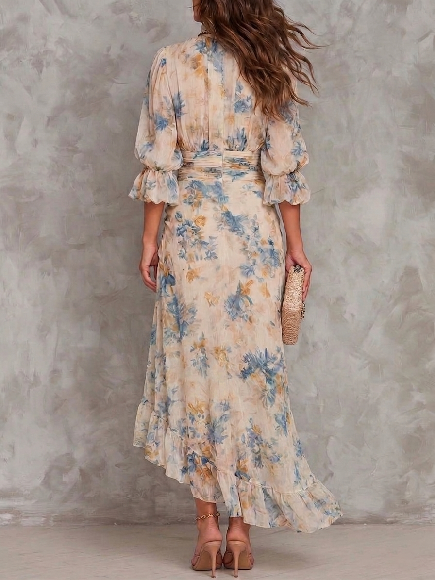 Abito Maxi Irregolare in Chiffon con Stampa Floreale e Collo Alto Beige