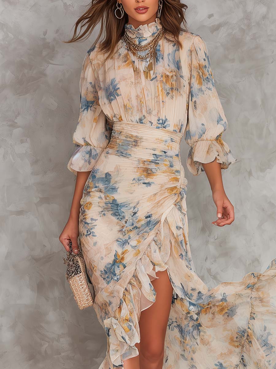 Abito Maxi Irregolare in Chiffon con Stampa Floreale e Collo Alto Beige