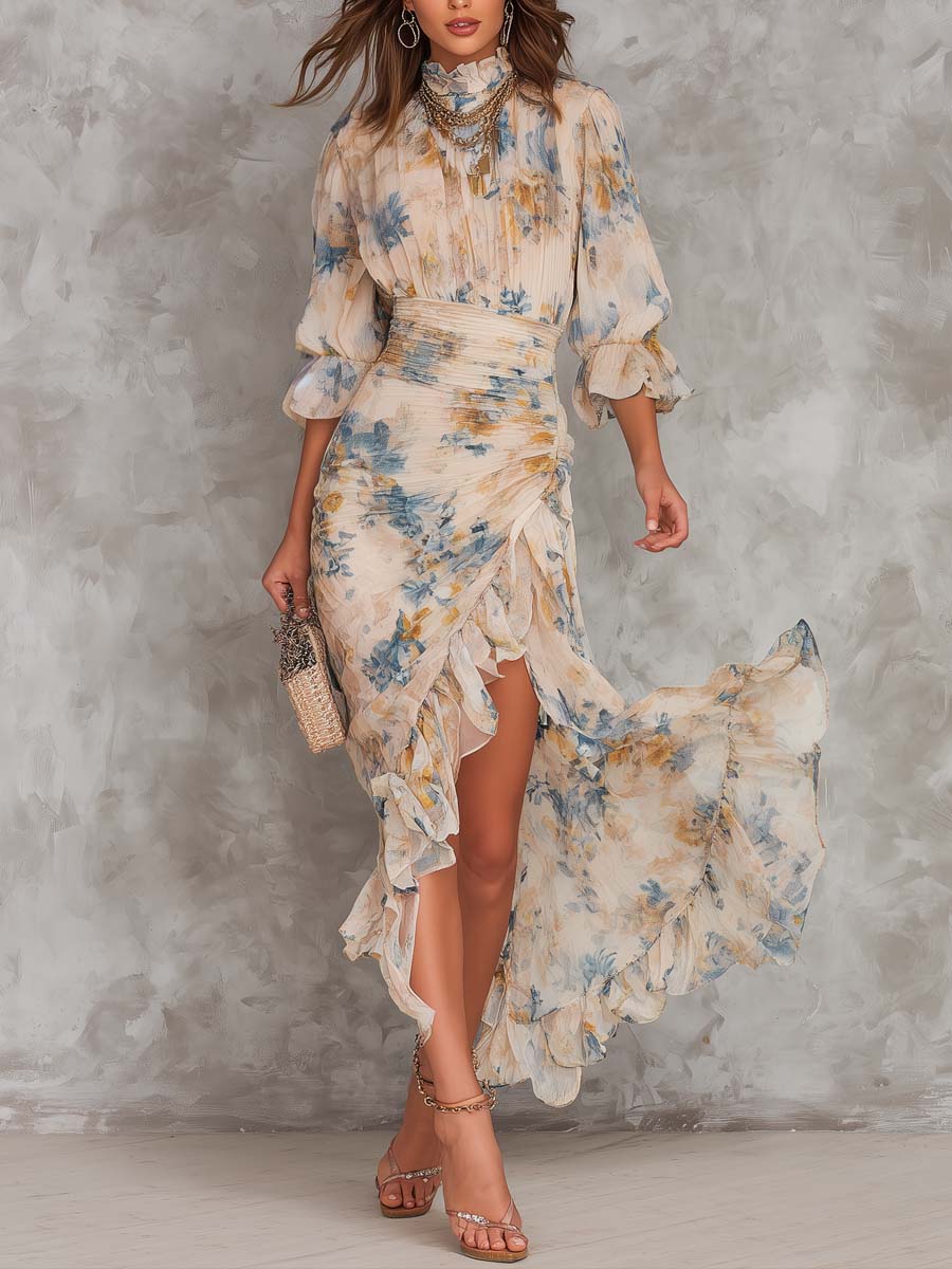 Abito Maxi Irregolare in Chiffon con Stampa Floreale e Collo Alto Beige