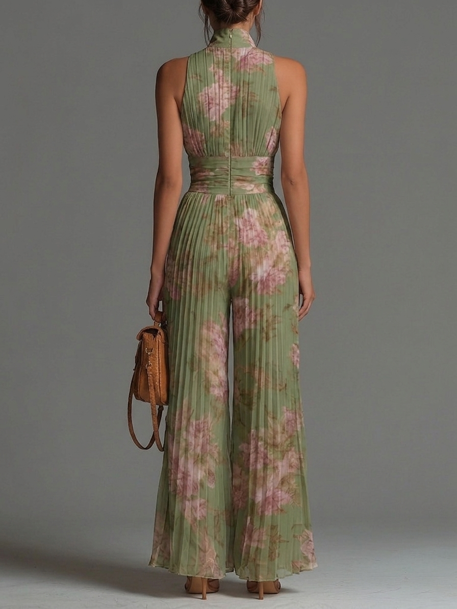 Tuta in Chiffon Verde Floreale con Scollatura a V, Senza Maniche, con Zip e Pantaloni a Gamba Larga