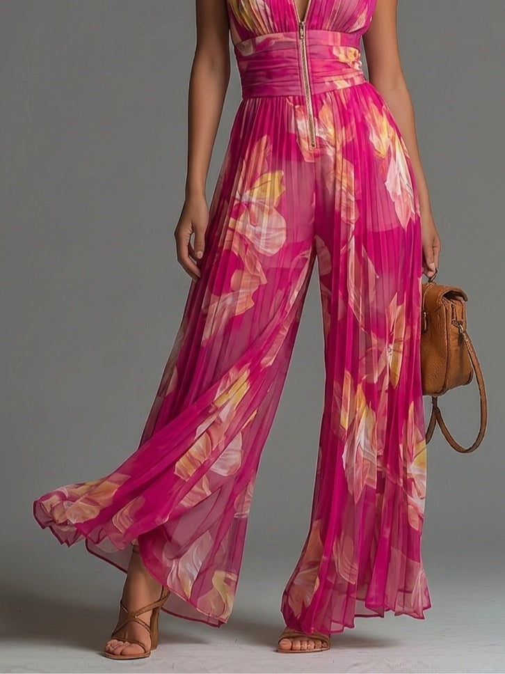 Jumpsuit senza maniche in chiffon plissettato con zip e stampa floreale fucsia