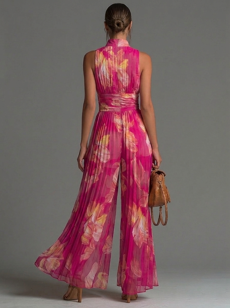 Jumpsuit senza maniche in chiffon plissettato con zip e stampa floreale fucsia