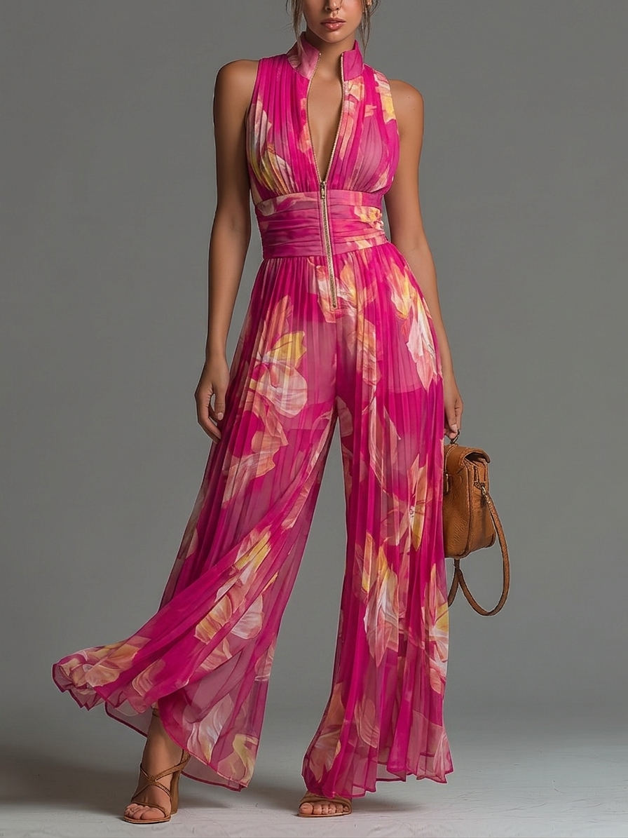 Jumpsuit senza maniche in chiffon plissettato con zip e stampa floreale fucsia