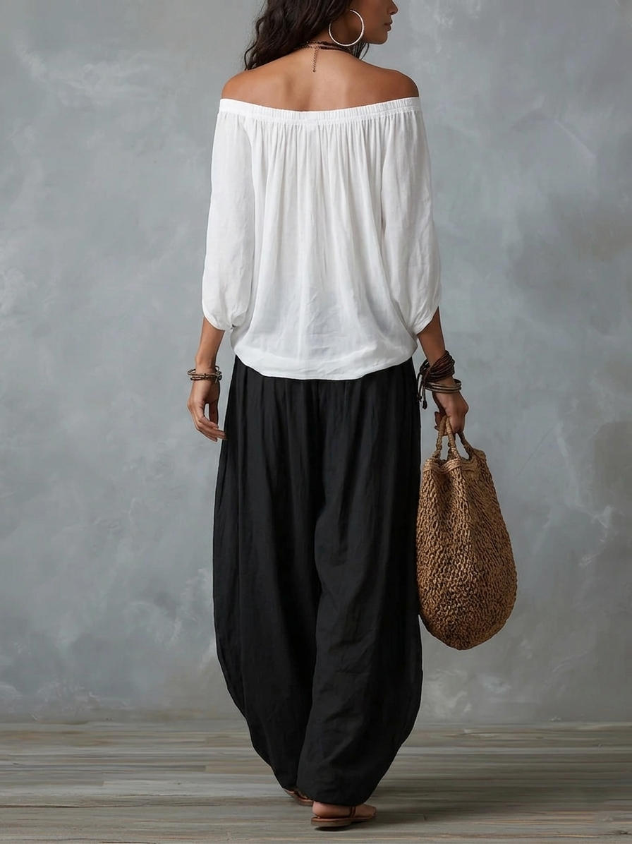 Top Bianco Off-the-shoulder e Pantaloni Lantern Loose-fitting