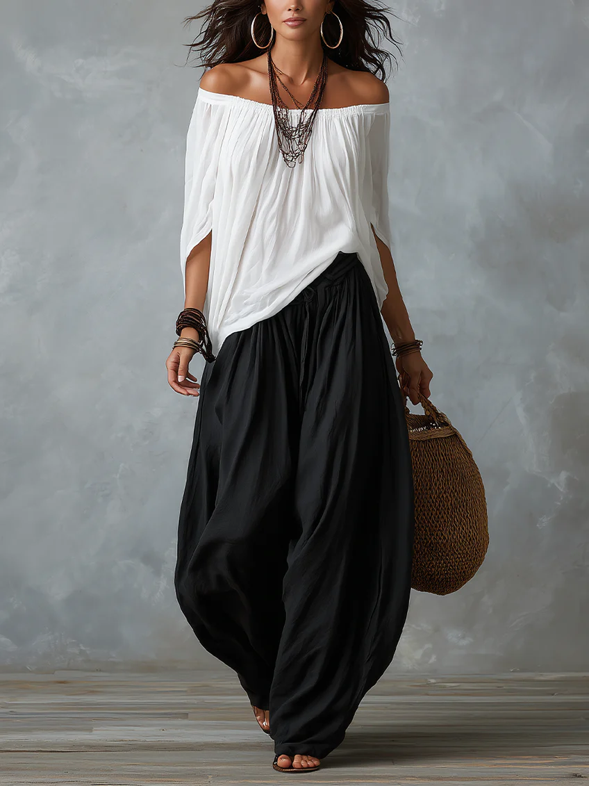 Top Bianco Off-the-shoulder e Pantaloni Lantern Loose-fitting