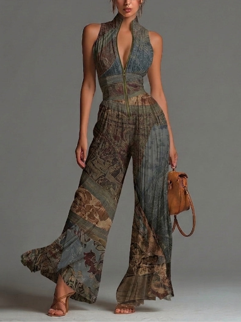 Tuta senza maniche in chiffon con zip e stampa etnica bohemien