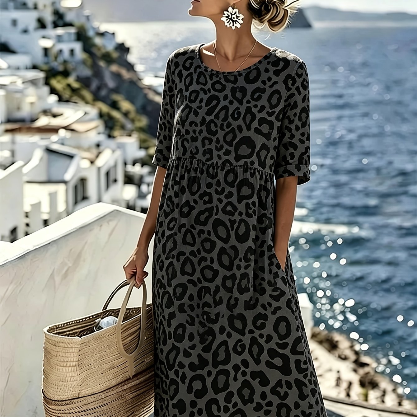 Sienna™ | Charcoal Leopard Midi Dress