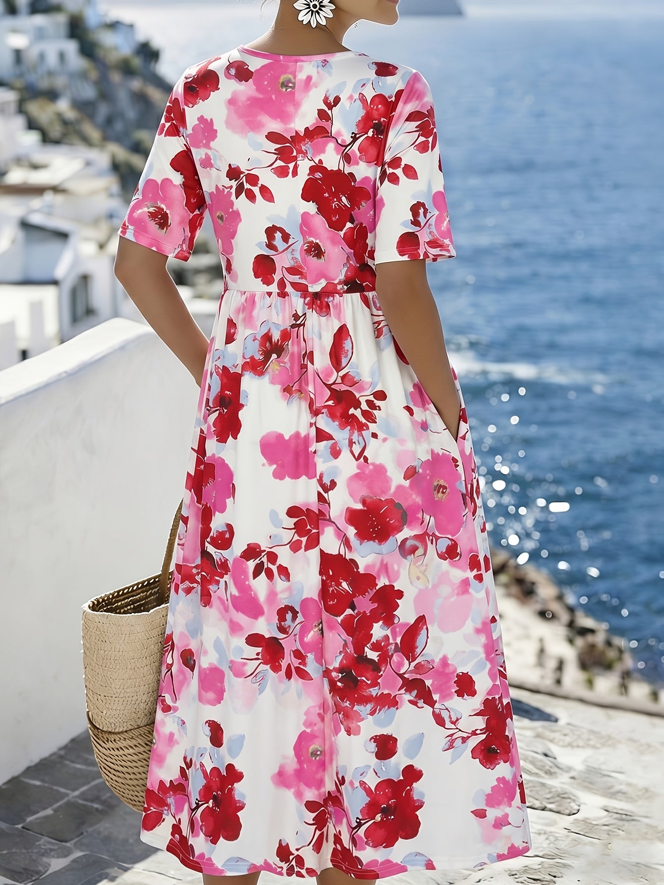 Vacation Direction Lente Zomer Nieuwe Bloemenprint Volledige Print met Zakken Design Casual Veelzijdige Damesjurk