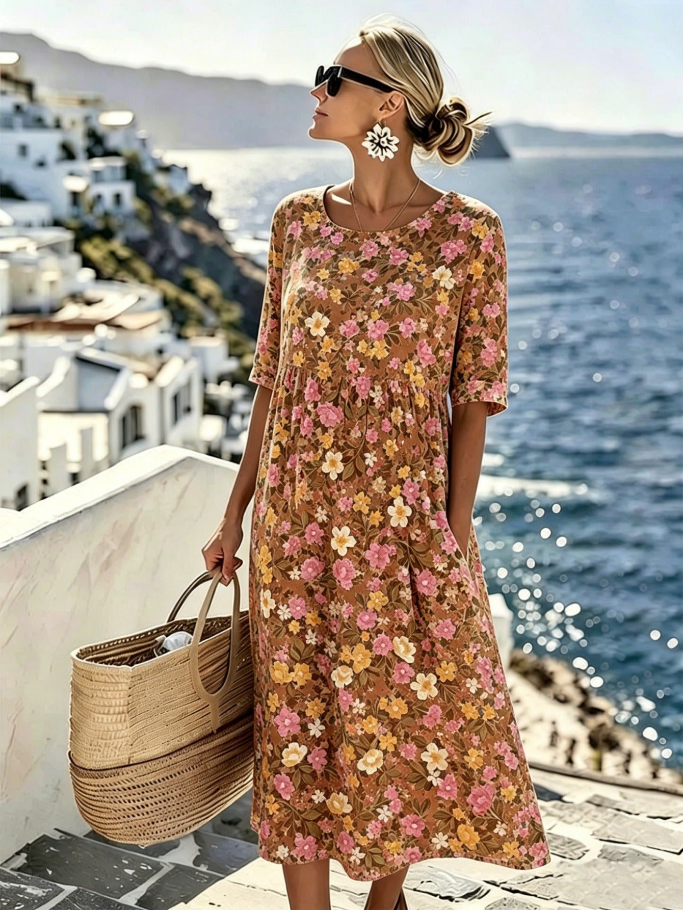 Plus Size - Elegante en casual jurk voor dames met zakken, 3/4 mouw ronde hals losse pasvorm hoge taille geplooide bohemian strandjurk bloemenprint strandvakantie zomerjurk perfect voor de zomer, ideaal voor stranduitjes en vakanties, het beste cadeau