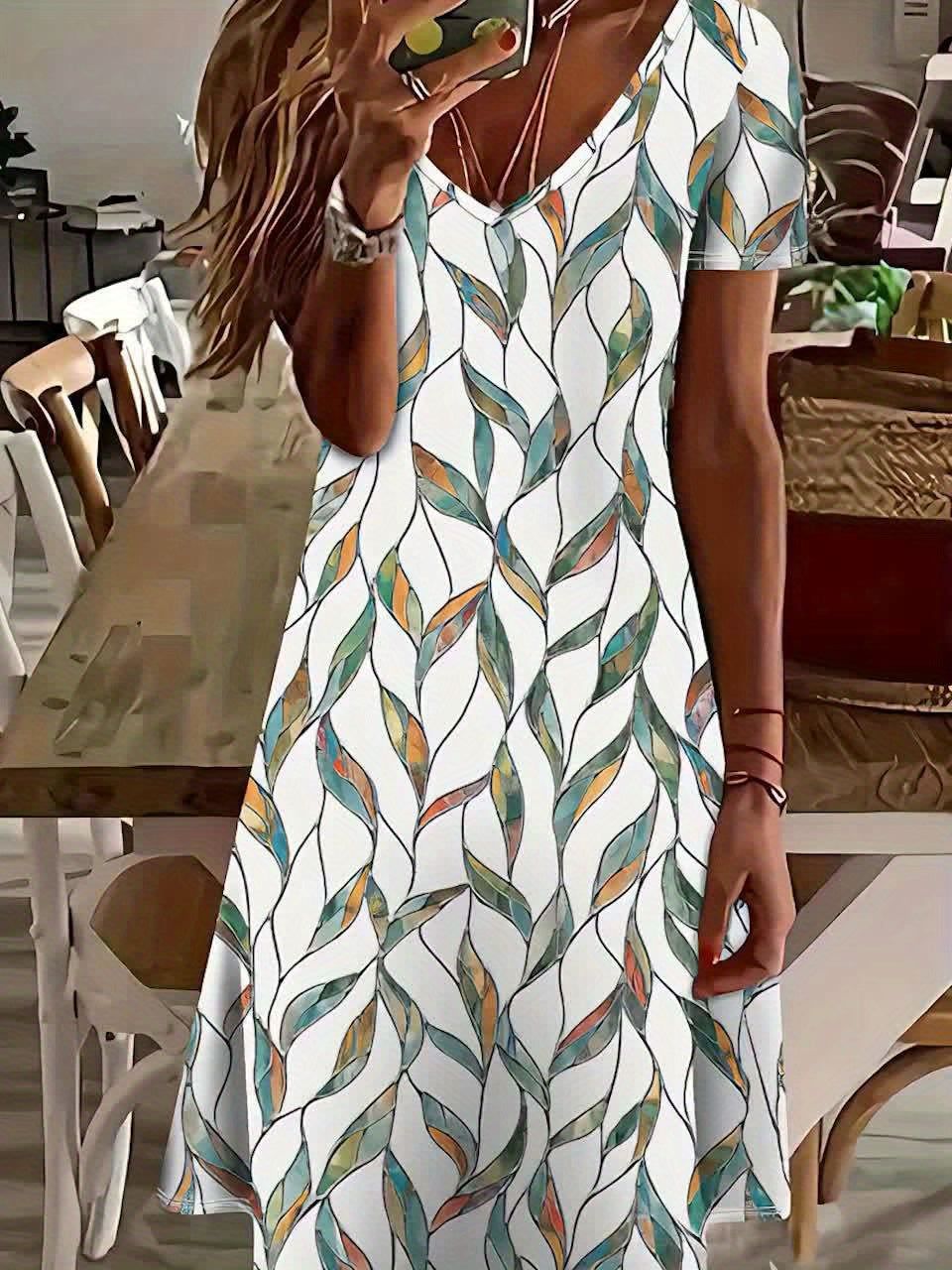 Women’s Summer Midi Dress – Lightweight Short Sleeve Botanical Print Dress