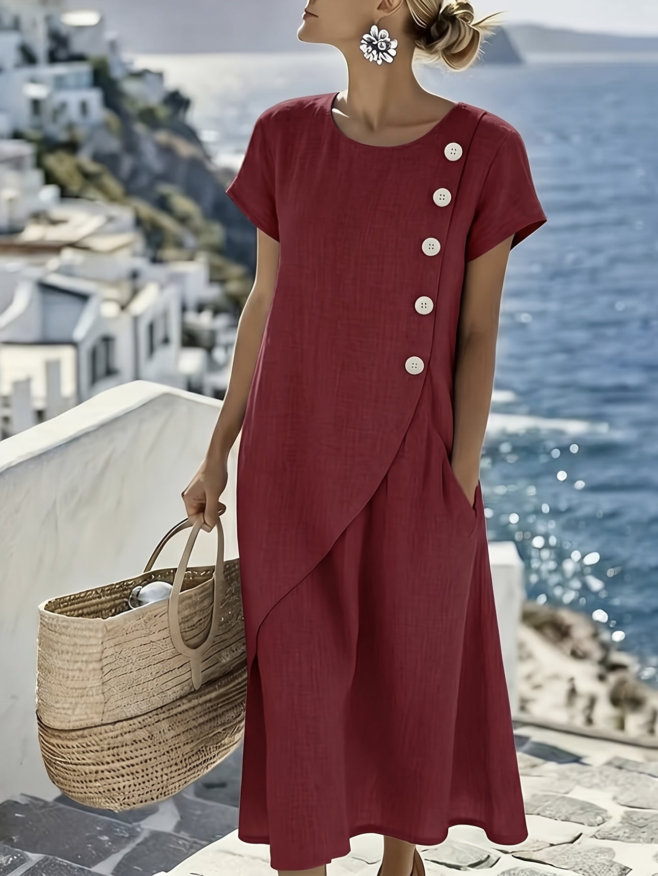 YYTT - Elegante damesjurk in eilandstijl voor op vakantie, ronde hals, korte mouwen, losse zoom, vloeiende lange jurk, linnen lichtgewicht en ademend, geschikt voor reizen, strand, feestjes en meerdere gelegenheden, frisse zomerjurk met losse pasvorm voor