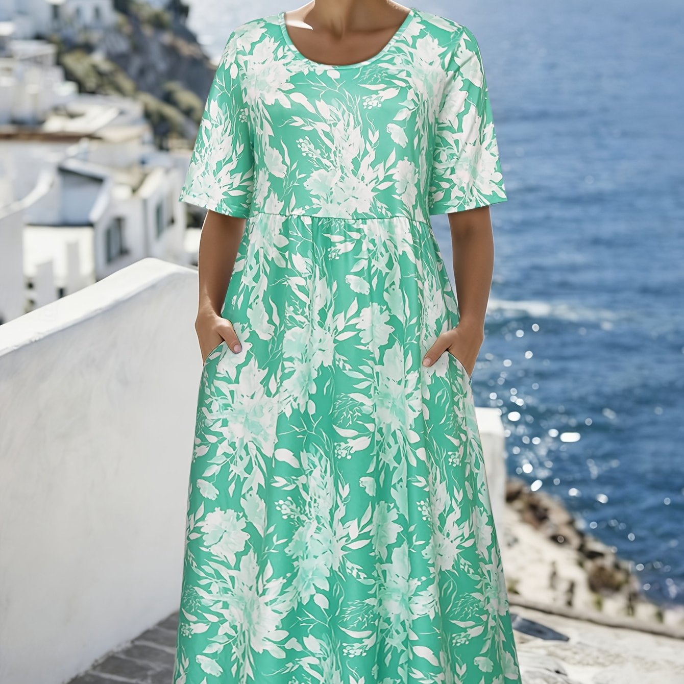 Casual Vakantie Stijl Ronde Hals Korte Mouw Midi Jurk, Waterverf Stijl Bloemen All-Over Print, Zak Design, Gedrapeerd Huidvriendelijke Stof, En Temperament-Verhogend, Geschikt voor Strandvakanties, Dagelijkse Uitjes
