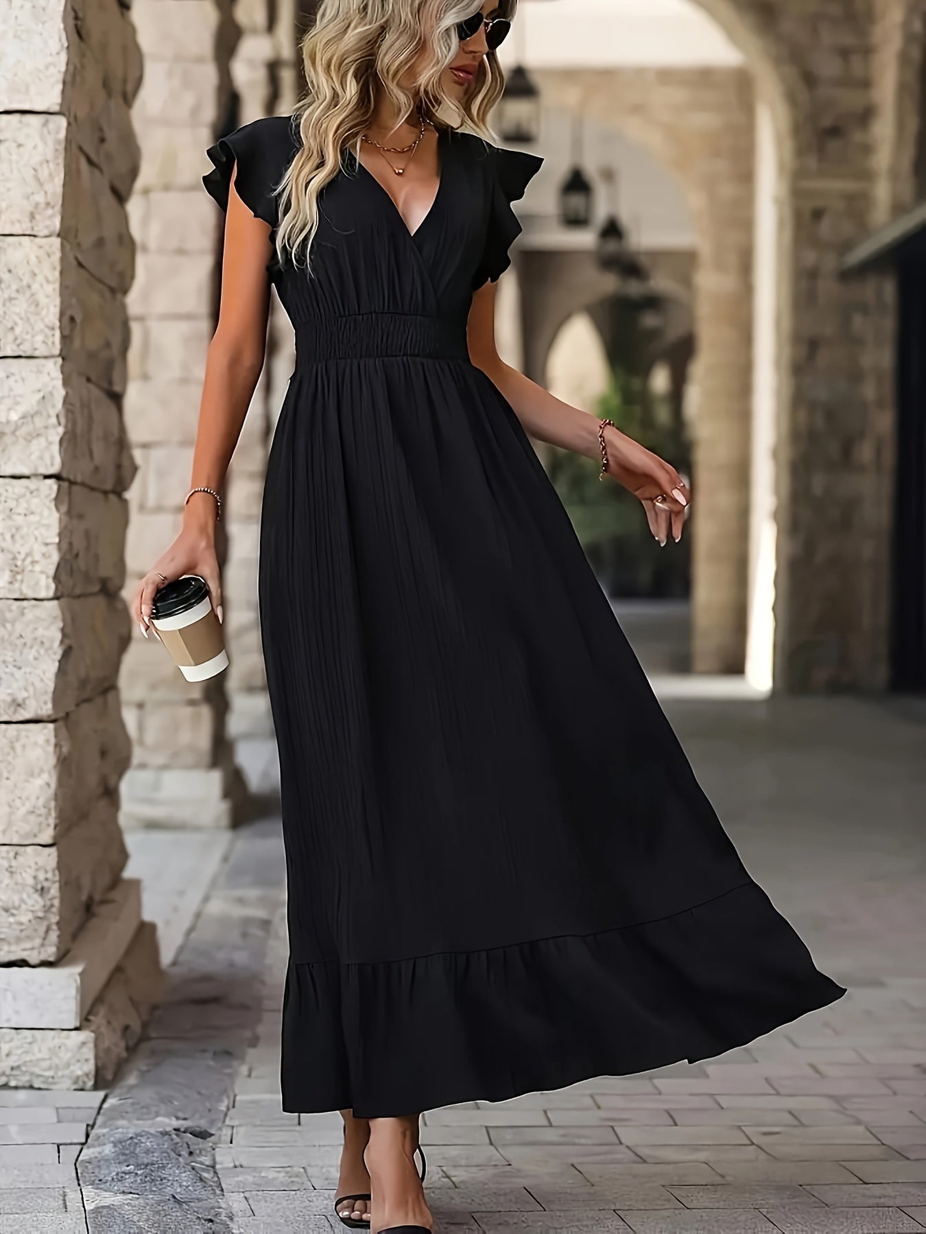 Resti | Deep V-Neck Maxi Dress with Short Sleeves, Cinched Waist, and Ruffle Details – Effortless Elegance