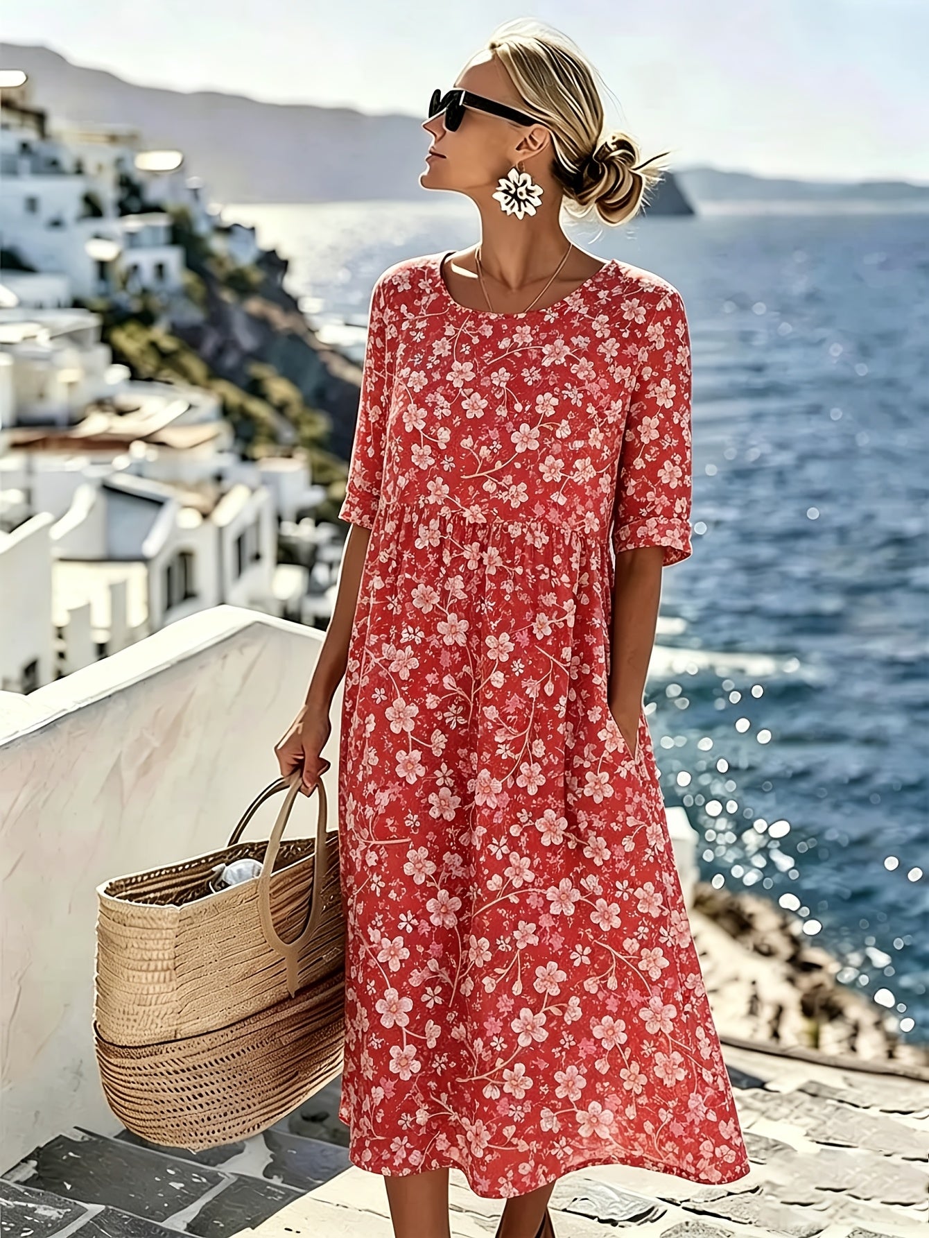 Dames midi-jurk in marineblauw & wit met bloemenprint - Kortere lengte geschikt als strandvakantiejurk, losvallende zomerjurk met ronde hals en driekwartmouwen, machinewasbare casual zomerjurk voor lente-/zomeroutfits