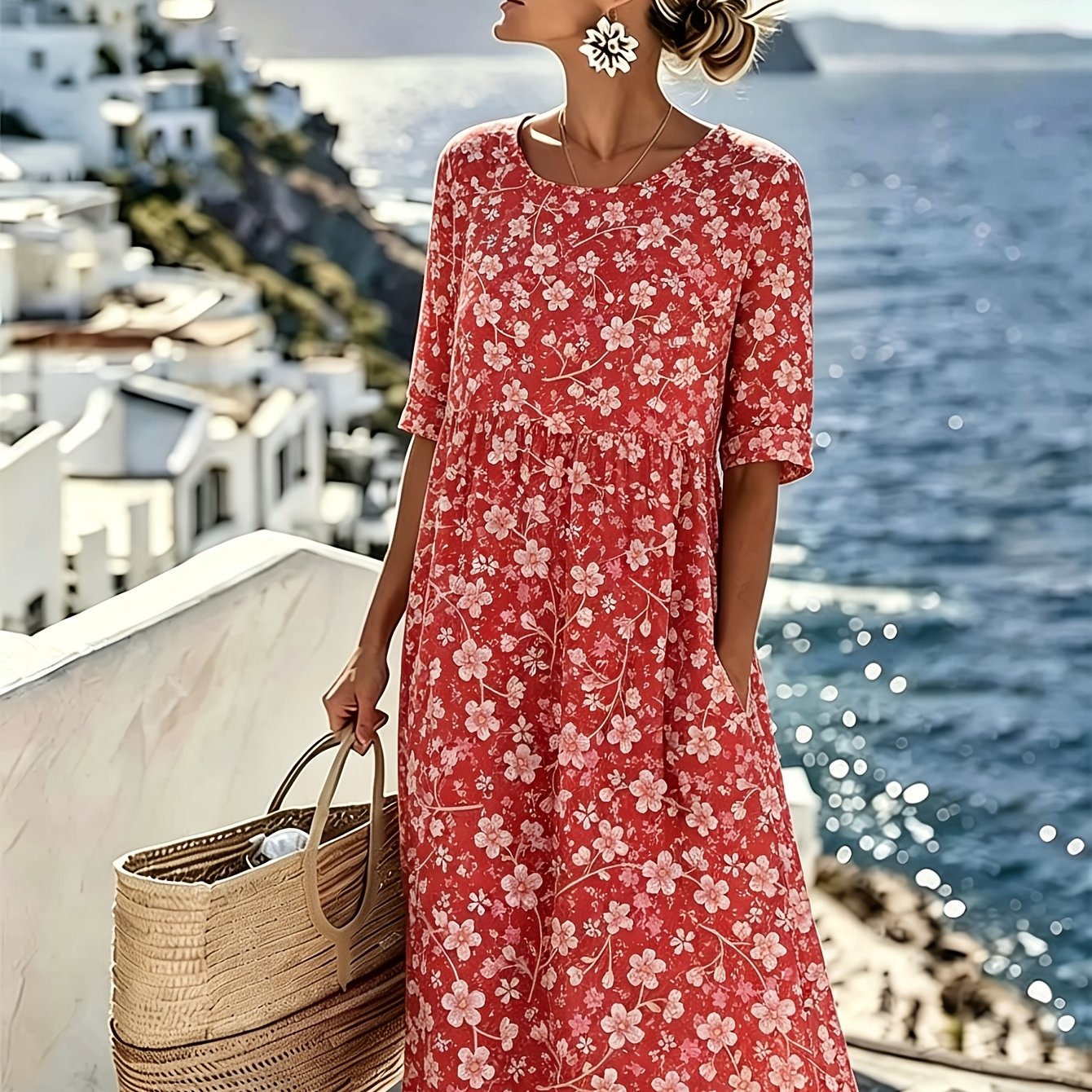 Dames midi-jurk in marineblauw & wit met bloemenprint - Kortere lengte geschikt als strandvakantiejurk, losvallende zomerjurk met ronde hals en driekwartmouwen, machinewasbare casual zomerjurk voor lente-/zomeroutfits