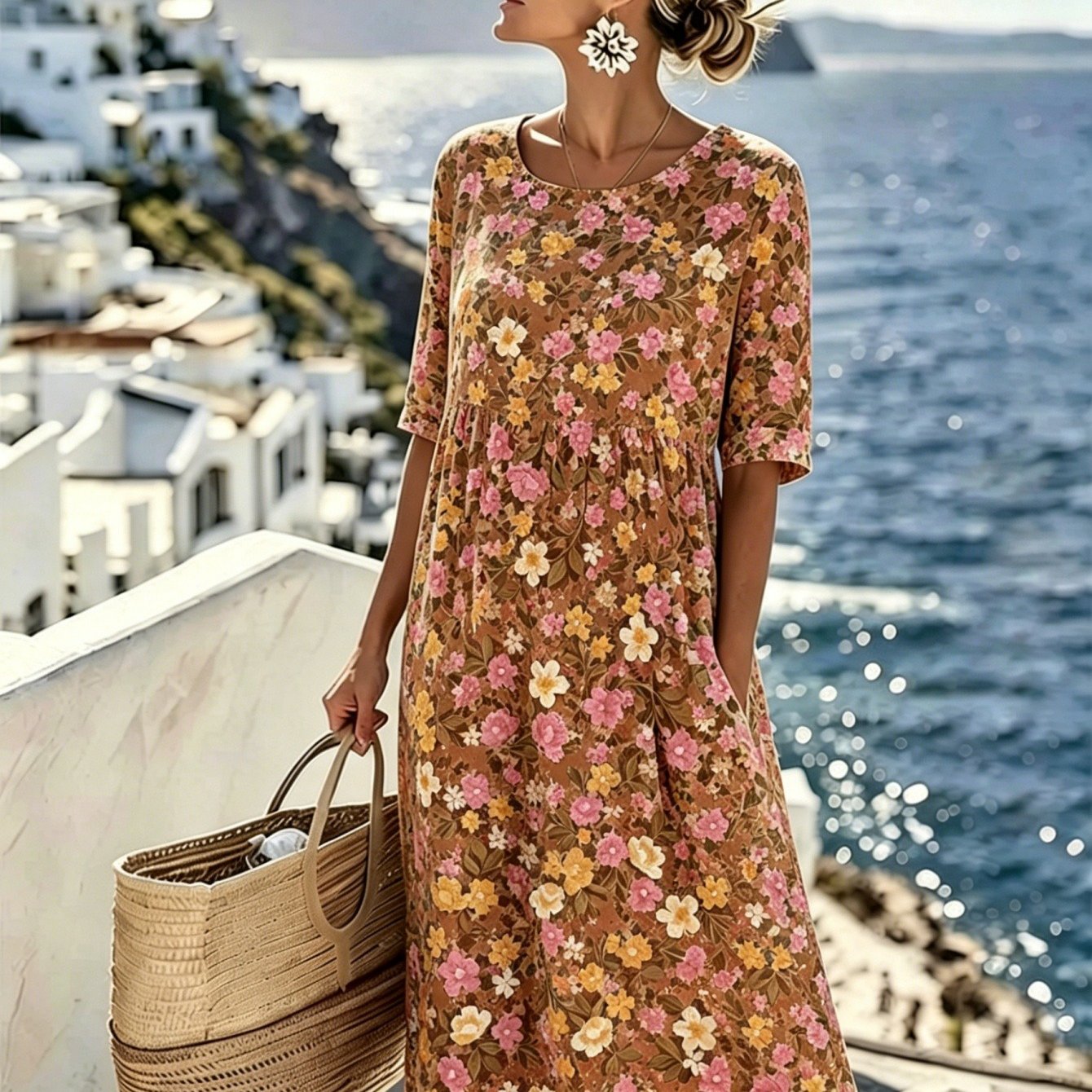 Plus Size - Elegante en casual jurk voor dames met zakken, 3/4 mouw ronde hals losse pasvorm hoge taille geplooide bohemian strandjurk bloemenprint strandvakantie zomerjurk perfect voor de zomer, ideaal voor stranduitjes en vakanties, het beste cadeau