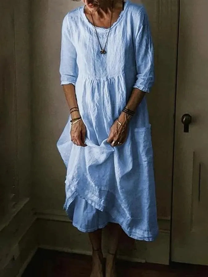 Félesca | Women's cotton linen maxi summer dress with round neck and short sleeves