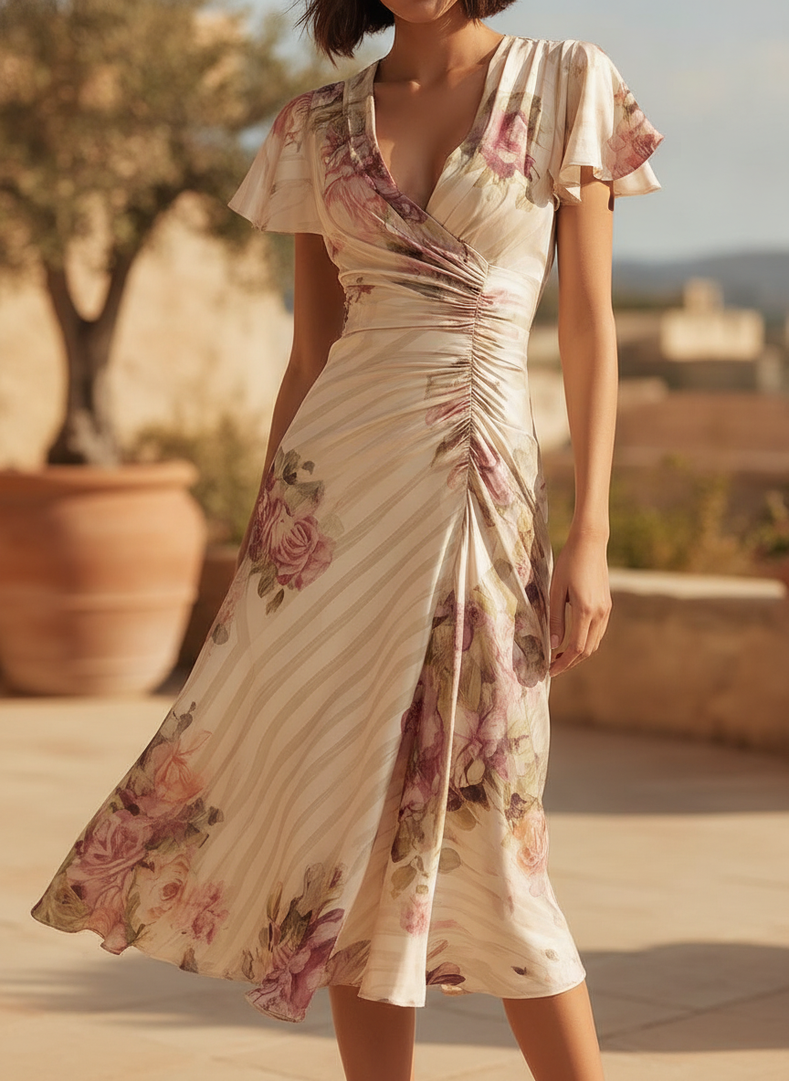 Francesca | Floral Satin Garden Party Dress With Ruching