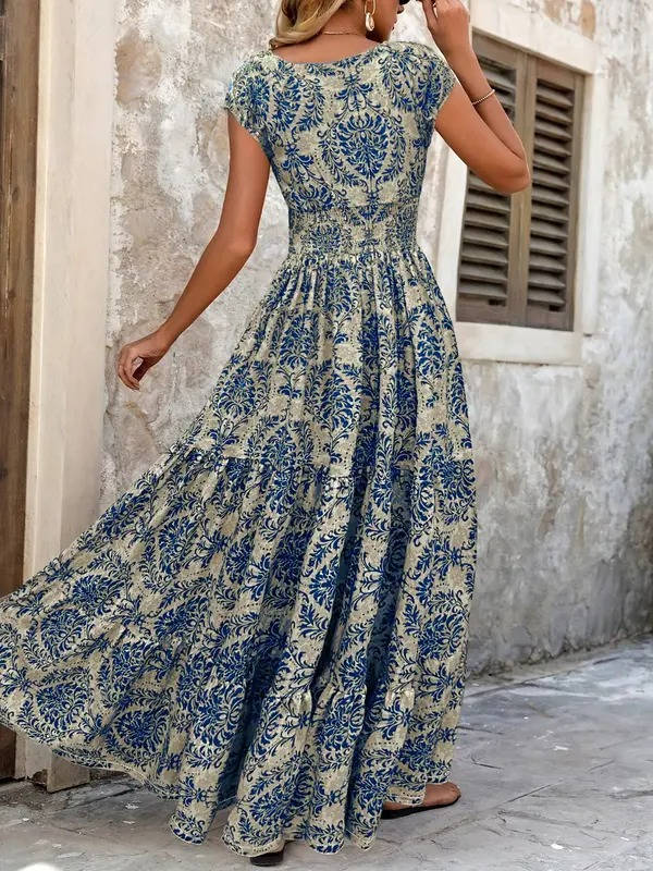 Cristina | Women’s Boho Maxi Dress with Print and Smocked Detailing