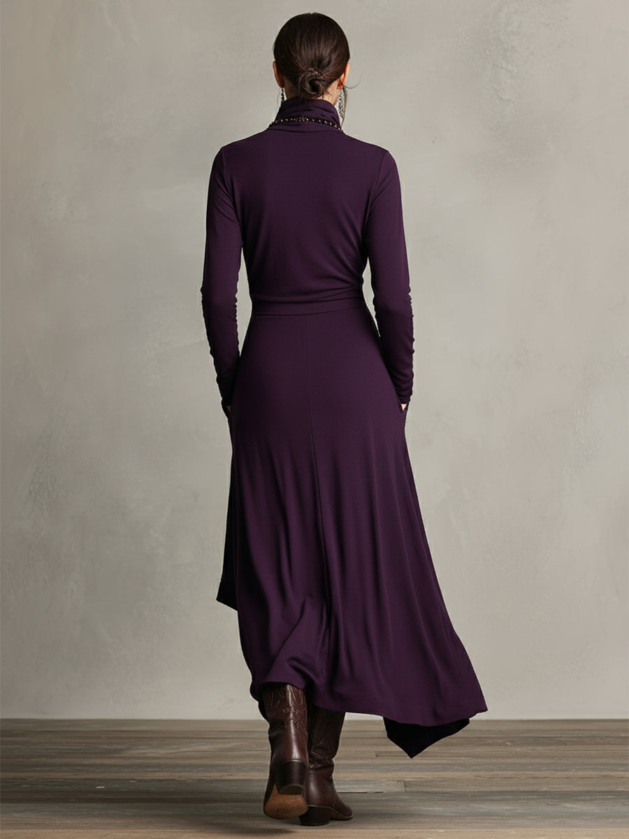 Natalia – Asymmetric Maxi Knit Dress with Turtleneck
