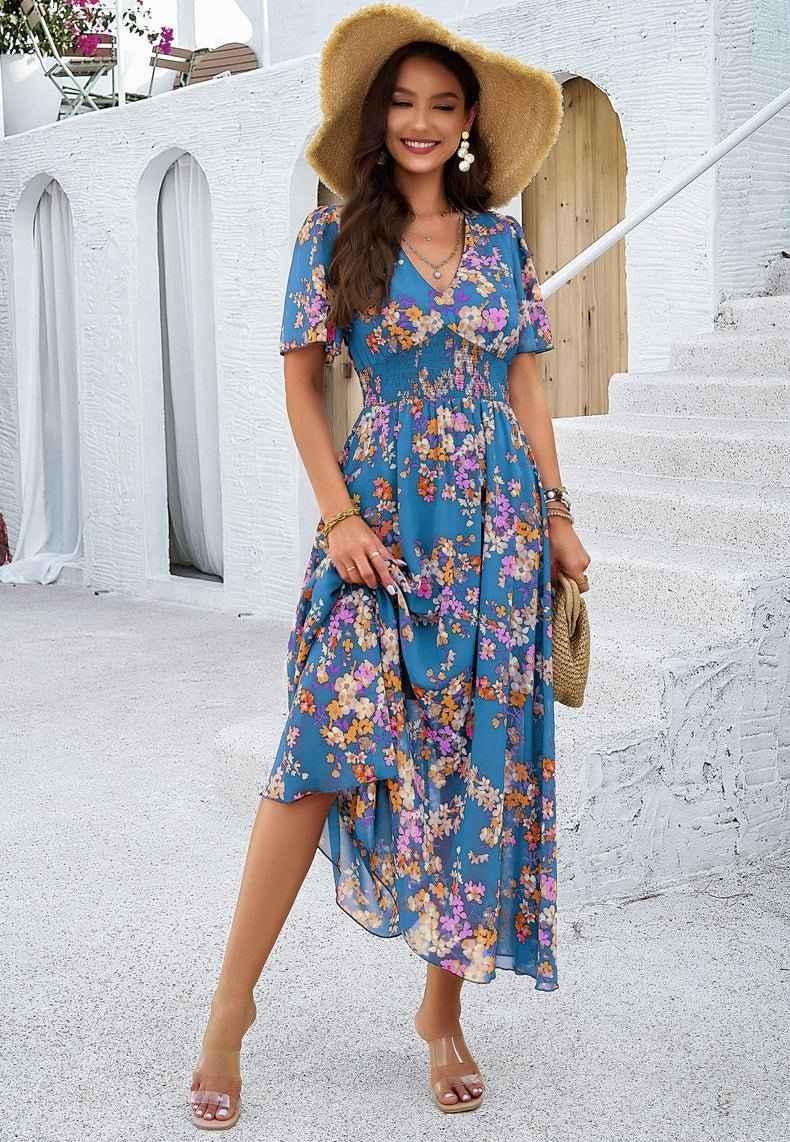 Liliana – Boho maxi dress with floral print, V-neckline, and smocked waist
