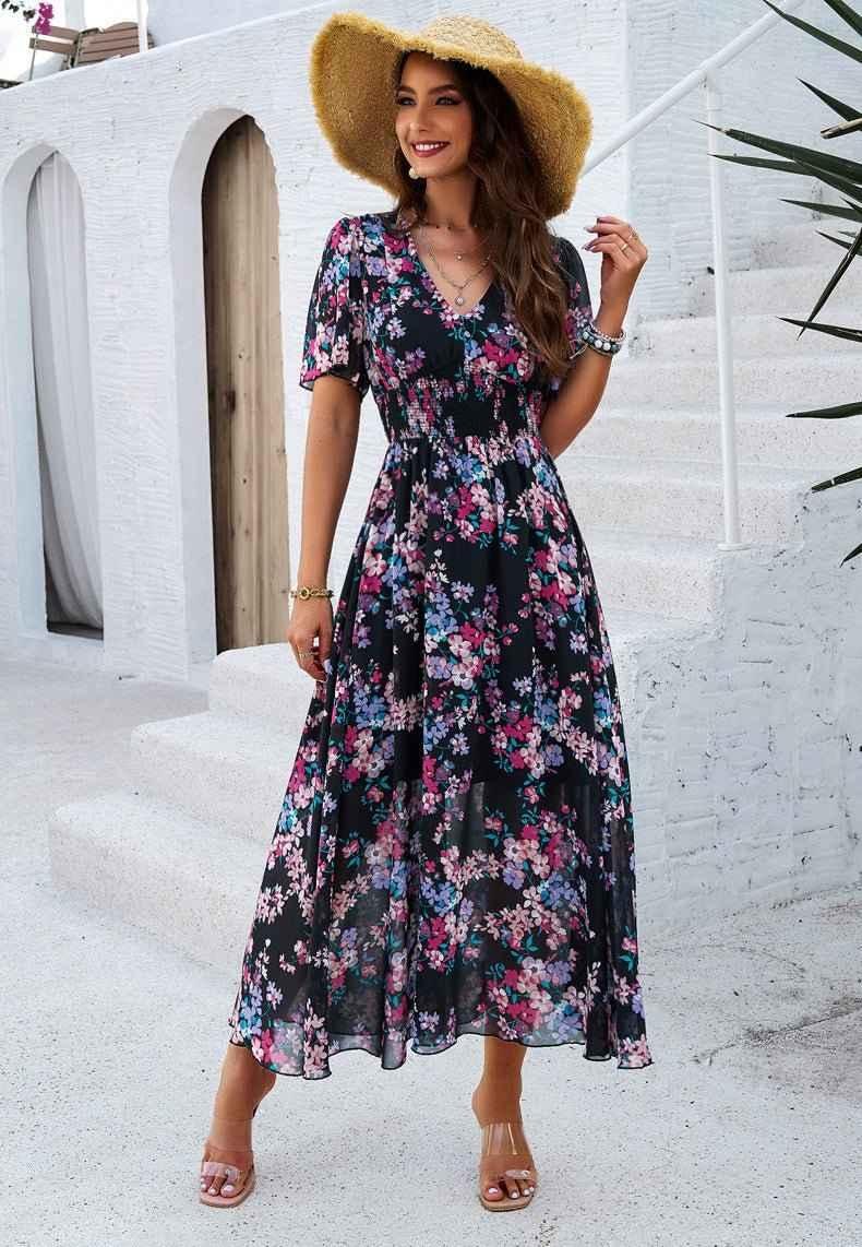 Liliana – Boho maxi dress with floral print, V-neckline, and smocked waist