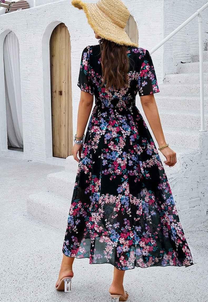 Liliana – Boho maxi dress with floral print, V-neckline, and smocked waist