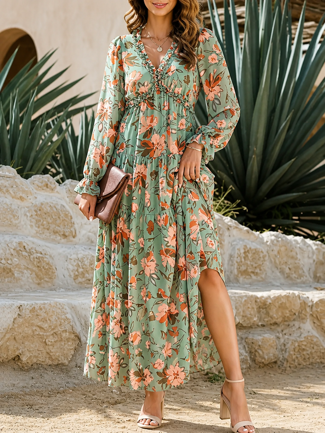 Women’s Long Sleeve Maxi Dress with V-Neck and Tiered Floral Print Skirt